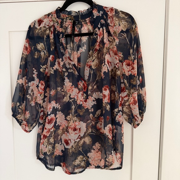 Bellatrix Tops - Bellatrix Floral Sheer Blouse - Navy and Pink